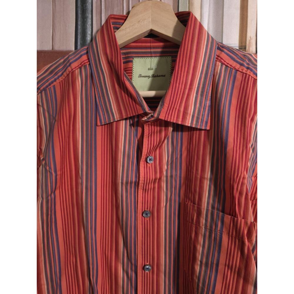 Tommy Bahama Button Down Shirt Sz XL Red Blue Stripe Mens Long Sleeve